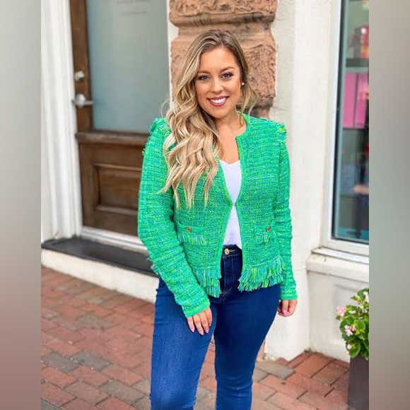 Lilly Pulitzer Simora Blazer Cardigan Green Tweed Jacket Size Large - Picture 2 of 11